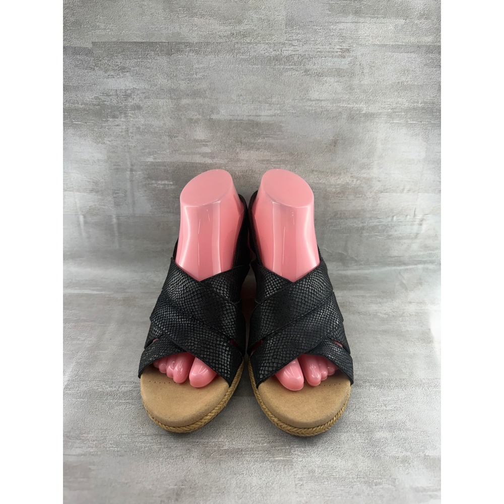 Clarks Petrina Selma Black Snakeskin Leather Espadrille Wedge Sandal Women Sz 9